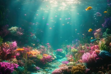 Vibrant underwater scene showcasing a diverse coral reef teeming with colorful fish and marine life.