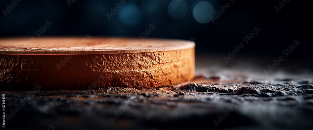 Poster abstract depiction of a round platform with rough textures and glowing edges