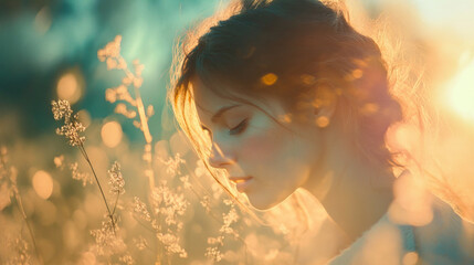 Soft pastel bokeh overlay enhances ethereal portrait of woman in nature during golden hour