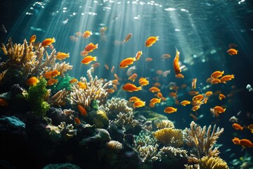 Naklejka premium Vibrant orange fish swim amidst lush coral reefs, bathed in sunlight filtering through the ocean's surface.