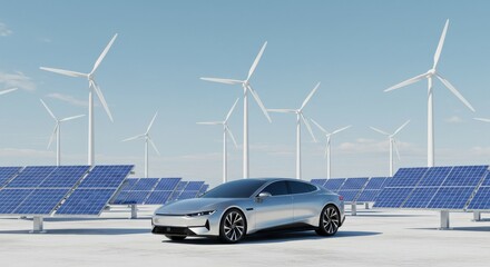 Futuristic Electric Car with Solar Panels and Wind Turbines