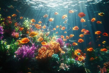 Naklejka premium Vibrant coral reef teeming with diverse colorful fish, sunlight streams through the water.