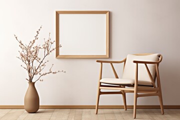 Minimalist room mockup with frame, chair, and vase with plants. Home interior design for decoration