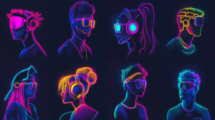 Vibrant neon gaming avatars showcasing diverse styles and expressions in a dynamic digital environment at night