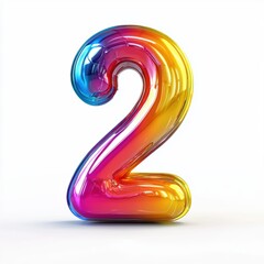 Number 2 made of glossy colorful plastic with smooth reflections isolated on a clean white background