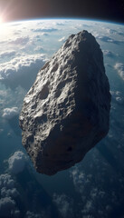 Massive asteroid floating in space above Earth with sunlight illuminating the clouds