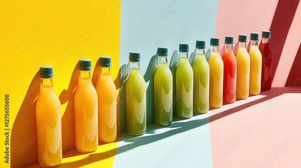 Poster colorful array of juice bottles arranged in a vibrant setting with contrasting backgrounds