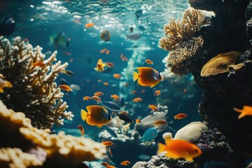 Naklejka premium Vibrant coral reef teeming with diverse fish species, showcasing the beauty of underwater ecosystems.