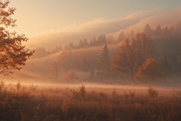 Obraz premium Enchanting Soft Gradient Autumn Fog Background with Warm Digital Glow and Vintage Golden Tones