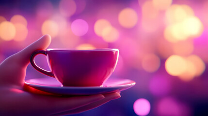 A hand holding a pink coffee cup against a colorful backdrop.