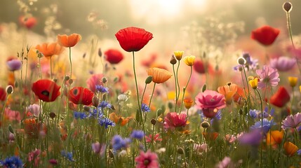 Fototapeta premium Vibrant Wildflowers Bloom In Golden Sunlight