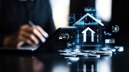 Digital house icon overlay on a tablet in a business setting.