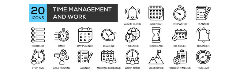 Time Management and Work icon collection set. Containing design Alarm Clock, Calendar, Stopwatch, Planner, To-Do List