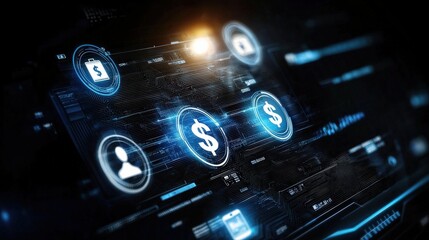 Digital financial interface with icons and glowing elements.