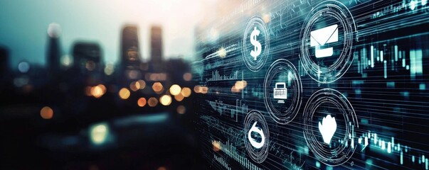 Digital interface with urban backdrop and financial icons.