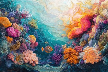 Vibrant coral reef teeming with life, showcasing diverse species and textures in a breathtaking underwater scene.