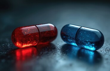 Symbolic red and blue pills. Selective focus on capsules depict choice between illusion or reality. Matrix movie theme. Medicine and health concept. Cinematic style.