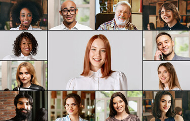 Red-haired woman leading virtual discussion, surrounded by remote colleagues in digital collage against professional setting. Concept of leadership, online communication, virtual collaboration.