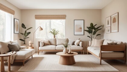 Cozy Minimalist Space with Soft Beige Furniture and Wooden Accents