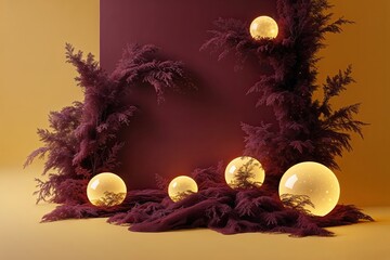 Burgundy Pattern with Illuminated Orbs on Gentle Yellow Background Unique Digital Design Idea