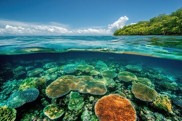 Fototapeta premium Vibrant coral reef teeming with life beneath a tropical island's idyllic shoreline.