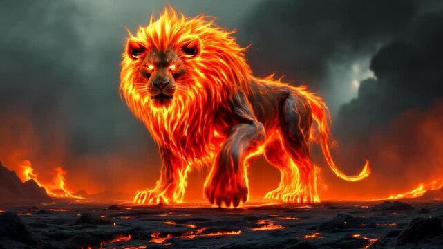 Majestic Lion Engulfed in Flames Standing Proudly in Volcanic Landscape