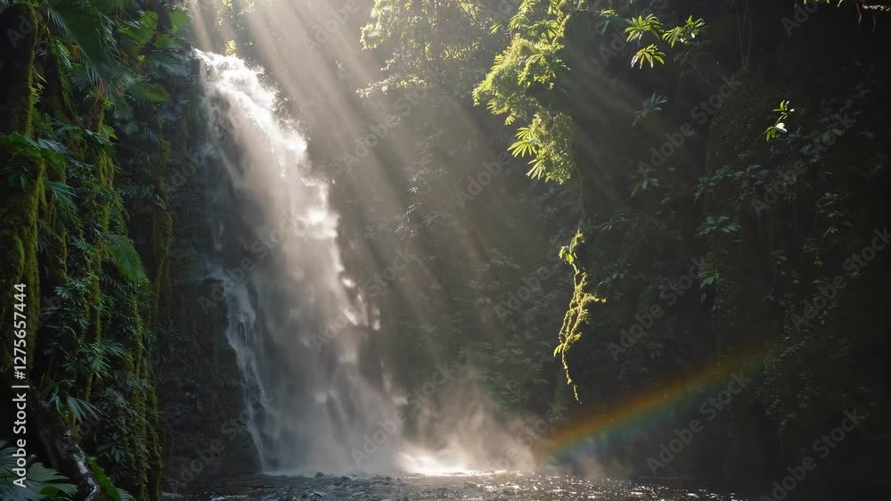 Poster Discovering a hidden waterfall in a lush rainforest with vibrant greenery and sunlight filtering through the trees