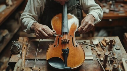 Luthier carefully repairing violin bridge in workshop