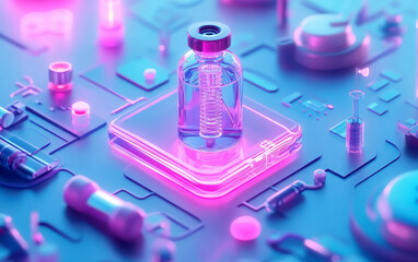 Futuristic medical vial on a high-tech circuit board.