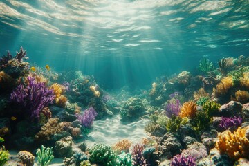 Fototapeta premium Vibrant underwater scene showcasing a diverse coral reef ecosystem teeming with colorful corals and fish.