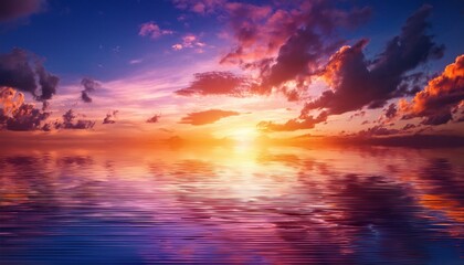 Fototapeta premium A surreal sunset over a glassy ocean, with the sky painted in vibrant shades of pink, purple, and orange, creating a dreamlike and peaceful atmosphere.