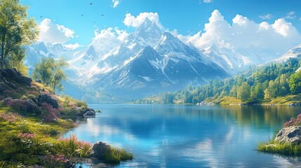 Fototapeta premium A stunning mountain landscape with a clear blue lake reflecting the peaks, serene and photorealistic