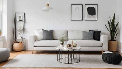 A Modern Room with White Walls, a Large Sofa, and Small Decor Items for Accent