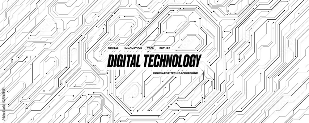 Aufkleber Black and white futuristic circuit board on technology background. Abstract circuit wires on white tech bg. AI concept. Digital banner with semiconductor elements. Vector illustration.