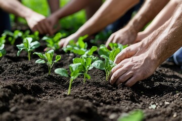 Hands planting green seedlings in rich soil in a garden environment