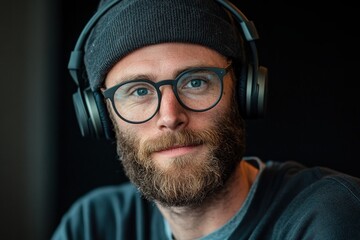 Fototapeta premium Young caucasian male with beard wearing headphones and glasses