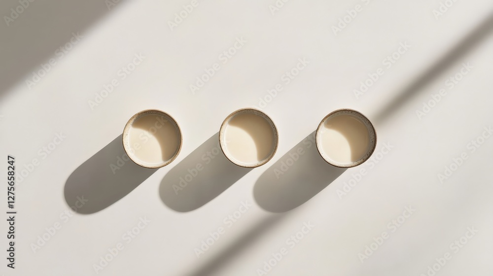 Poster three minimalist cups casting soft shadows on a light surface, creating a serene atmosphere