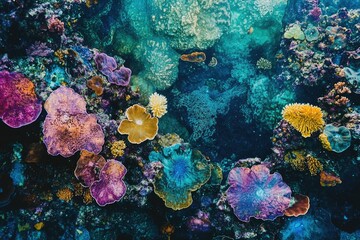 Fototapeta premium Vibrant coral reef teeming with diverse colorful corals and marine life, showcasing underwater beauty.