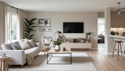 A Cozy Modern Living Space with Neutral Colors and a Clean, Open Layout