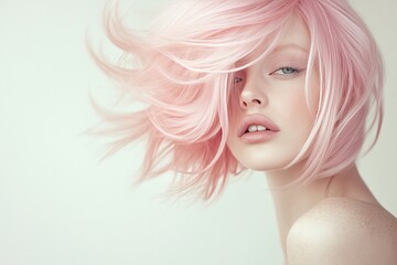 Fototapeta premium Fashionable portrait of a woman with pastel pink hair and topaz eyes