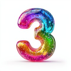 Number 3 made of neon jelly candy with a glossy sugary surface isolated on a clean white background