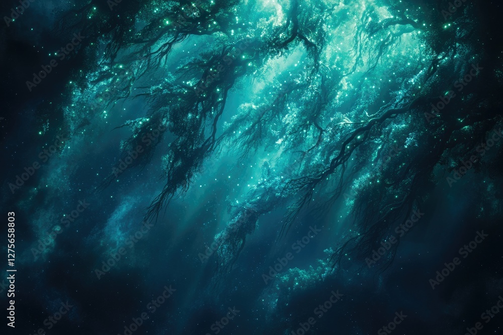 Poster enchanted underwater forest with glowing bioluminescent trees and mystical atmosphere.