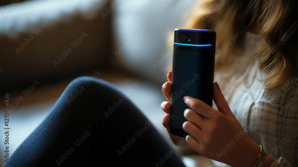 Poster person engaged in conversation using speech-to-text device while relaxing at home