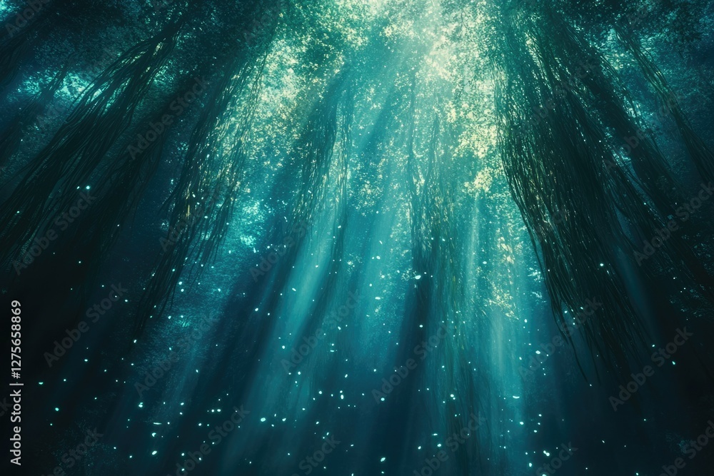 Poster Sunbeams penetrate an underwater forest, illuminating the ethereal scene with magical light and particles.