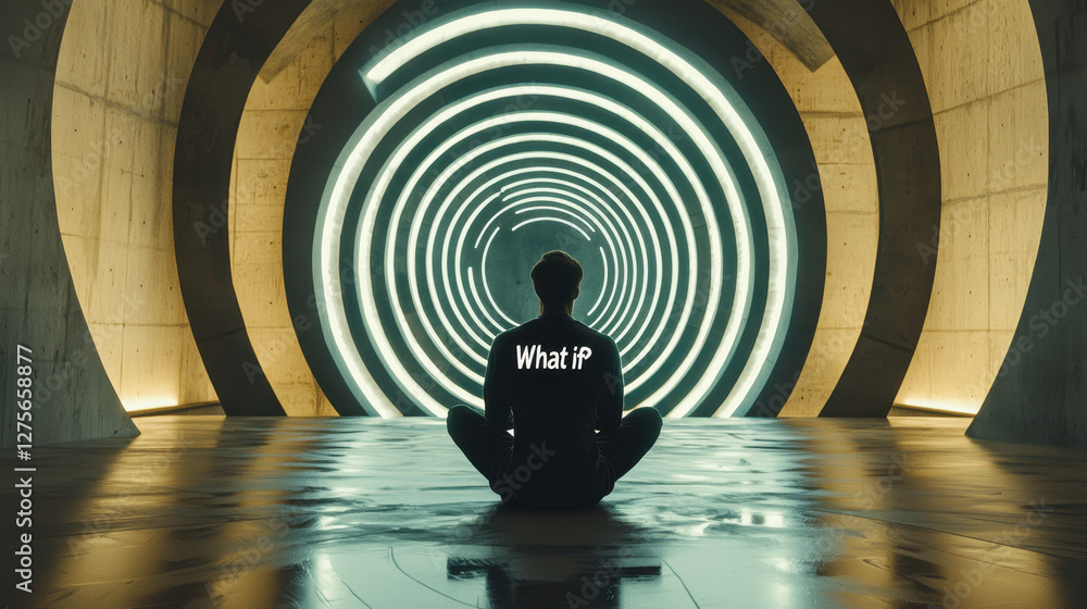 Poster endless loop of uncertainty and reflection immersing a person in a vortex of what if questions, show