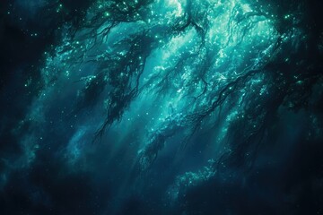 Obraz premium Enchanted underwater forest with glowing bioluminescent trees and mystical atmosphere.
