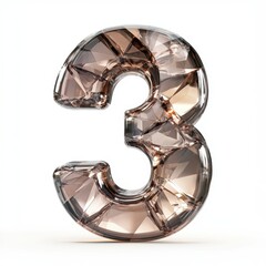 Number 3 made of translucent smoky quartz with soft glowing reflections isolated on a clean white background