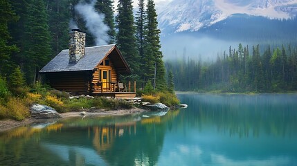 Fototapeta premium Cozy Log Cabin by a Tranquil Mountain Lake