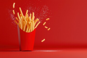 Fast Food Frenzy American Fries Delight Colorful Red Background Delicious Snack Vibrant Atmosphere Close-Up View