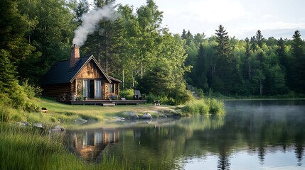 Fototapeta premium Cozy Log Cabin by a Tranquil Mountain Lake